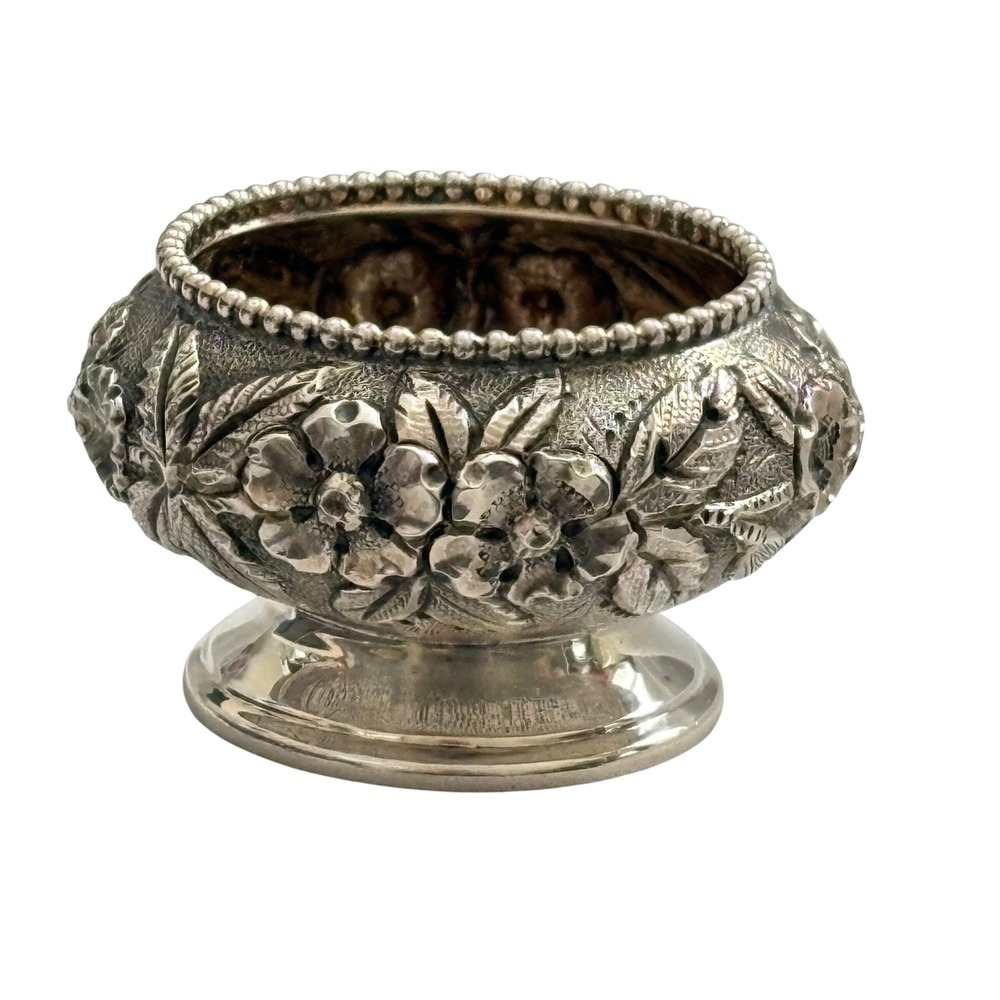 Antique S. Kirk & Son Co Sterling Silver Repousse Floral Footed Salt Cellar 925